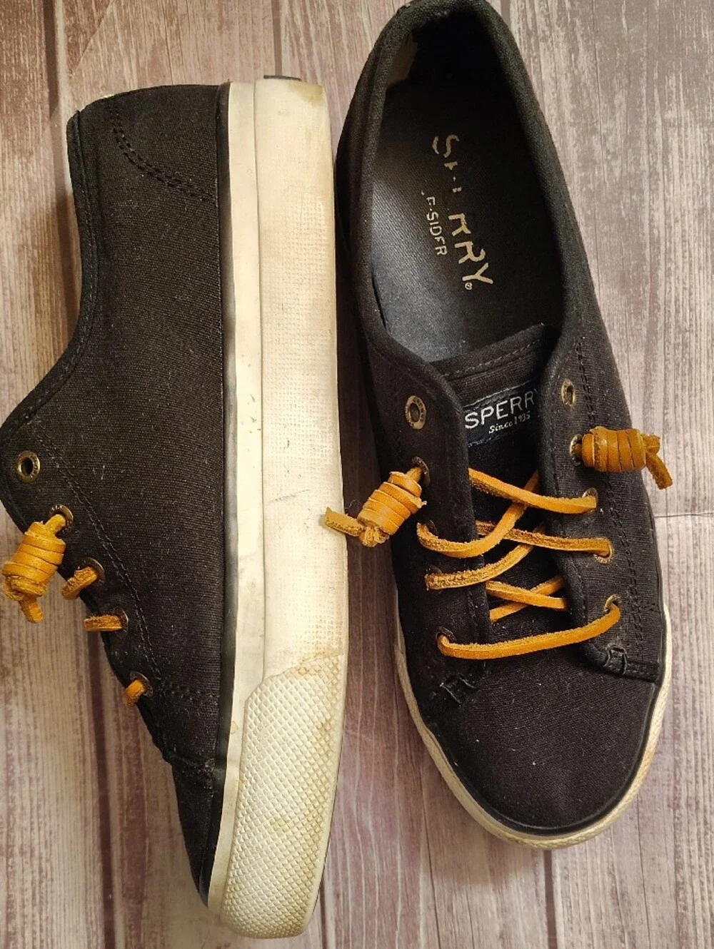 Sperry Black Canvas Sneakers with Yellow Laces